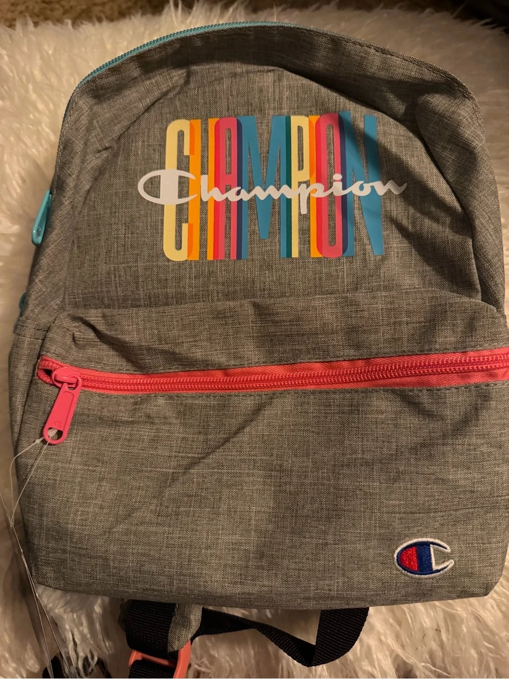 Champion Unisex Kids Medium Gray Logo Backpack, Zip Pockets, Adjustable Strap
